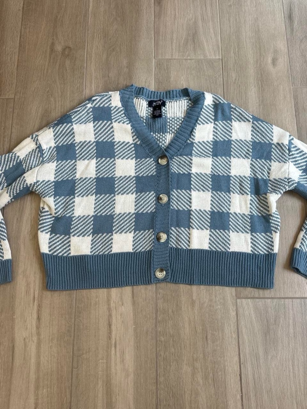 Blue and White Checkered V-Neck Button Cardigan Sweater